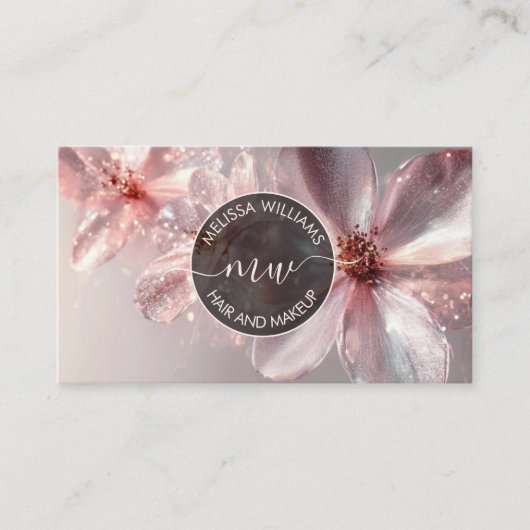 Pink Shiny Floral Logo Initials Business Card 名刺 (正面)