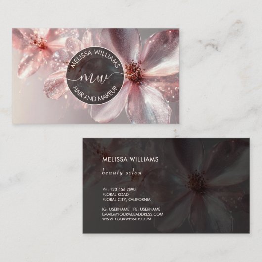 Pink Shiny Floral Logo Initials Business Card 名刺 (正面/裏面)