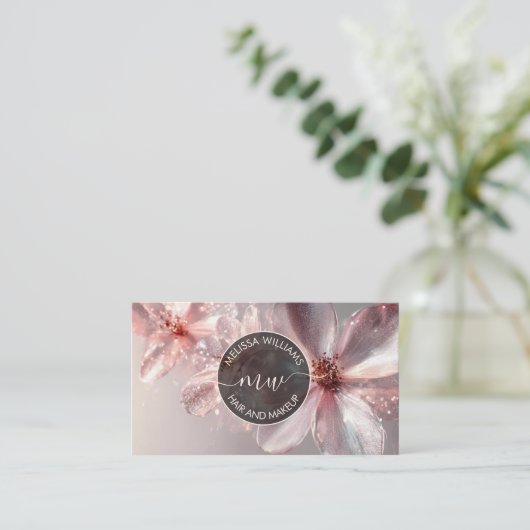 Pink Shiny Floral Logo Initials Business Card 名刺 (スタンド正面)