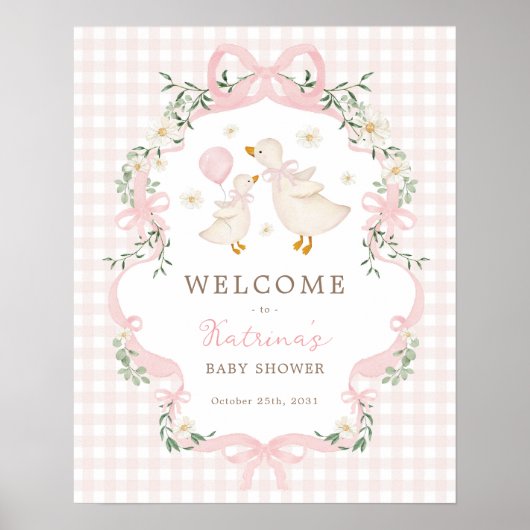 Pink Silly Goose Coquette Bow Baby Shower Welcome ポスター (正面)