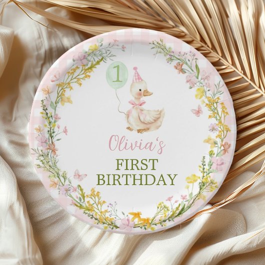 Pink Silly Goose Floral Girl Birthday Paper Plates ペーパープレート