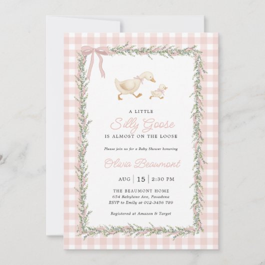 Pink Silly Goose Green Gingham Baby Shower Invite 招待状 (正面)
