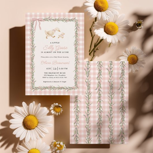 Pink Silly Goose Green Gingham Baby Shower Invite 招待状