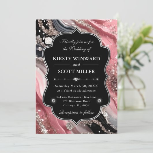 Pink Silver Agate Marble Glitter Wedding 招待状 (スタンド正面)