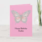 Pink Silver Butterfly Birthday カード (正面)