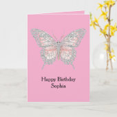 Pink Silver Butterfly Birthday カード (黄色い花)