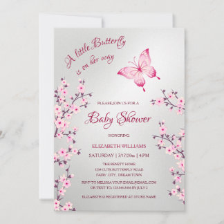 Pink Silver Butterfly | Girl Baby Shower  招待状