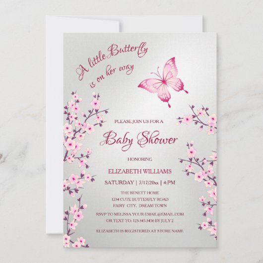 Pink Silver Butterfly | Girl Baby Shower  招待状 (正面)