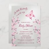 Pink Silver Butterfly | Girl Baby Shower  招待状 (正面/裏面)