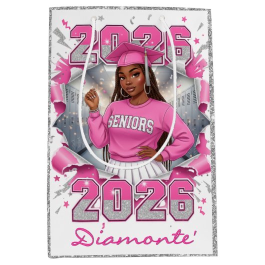 Pink & Silver Class of 2026 Senior Graduation ミディアムペーパーバッグ (正面)