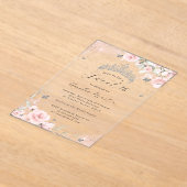 Pink Silver Clear Acrylic Floral Sweet 16  アクリル招待状 (レイダウン)