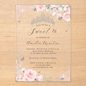 Pink Silver Clear Acrylic Floral Sweet 16  アクリル招待状 (正面)
