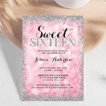 Pink Silver Faux Glitter Lights Sweet 16 Birthday 招待状<br><div class="desc">Celebrate in style with this modern sweet 16 invitation,  featuring a pink sparkle lights background with a faux silver glitter border. Designs are flat printed illustrations/graphics - NOT ACTUAL SILVER GLITTER.</div>