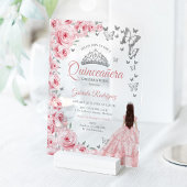 Pink Silver Floral Quinceanera アクリル招待状