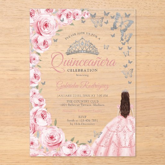 Pink Silver Floral Quinceanera アクリル招待状 (正面)