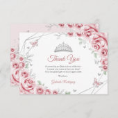 Pink Silver Floral Quinceanera サンキューカード (正面/裏面)