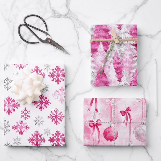 Pink Silver Glam Snowflakes Christmas Trees   ラッピングペーパーシート (正面)