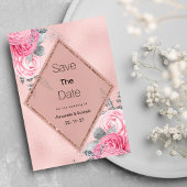 Pink silver glitter peony floral Save The Date 招待状