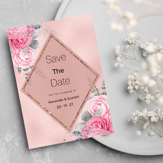 Pink silver glitter peony floral Save The Date 招待状