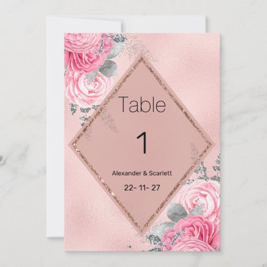 Pink silver glitter peony floral Table Numbers 招待状 (正面)