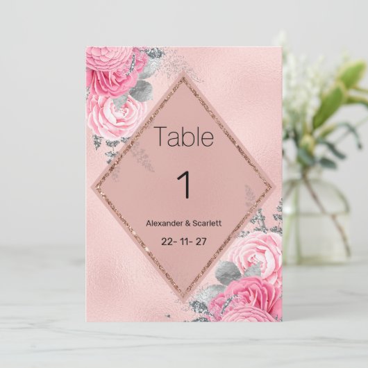 Pink silver glitter peony floral Table Numbers 招待状 (スタンド正面)