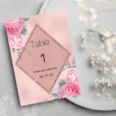 Pink silver glitter peony floral Table Numbers 招待状