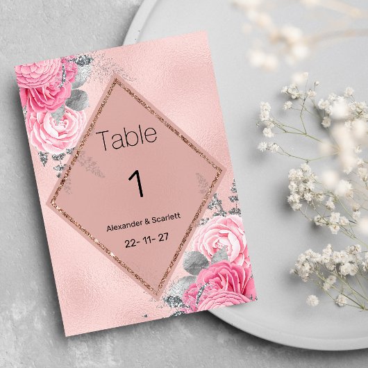 Pink silver glitter peony floral Table Numbers 招待状