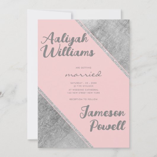 Pink silver glitter script calligraphy wedding 招待状 (正面)