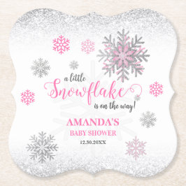 Pink Silver Glittery Snowflake Winter Baby Shower  ペーパーコースター