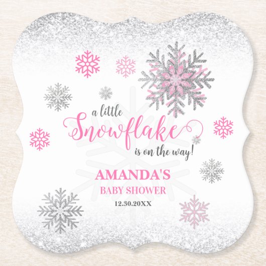 Pink Silver Glittery Snowflake Winter Baby Shower  ペーパーコースター (正面)