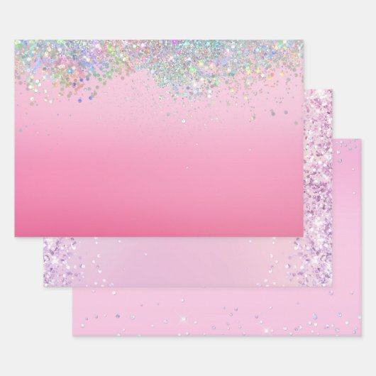 Pink Silver Glitzy Sparkle Confetti Christmas ラッピングペーパーシート (セット)