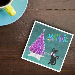 Pink Silver Mid Century Chistmas Tree Cat Teal スタンダードランチョンナプキン