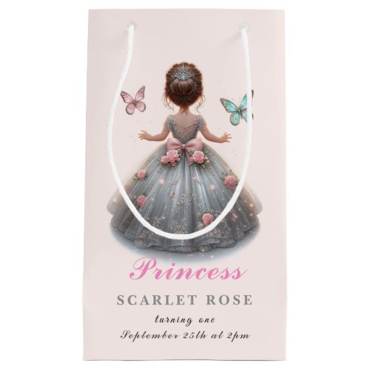 Pink silver princess gown Fairytale birthday party スモールペーパーバッグ (正面)