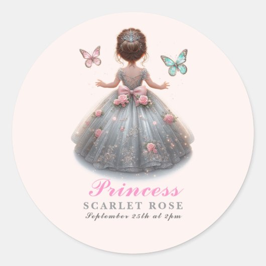 Pink silver princess gown Fairytale birthday party ラウンドシール (正面)