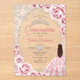 Pink Silver Quinceanera Floral アクリル招待状