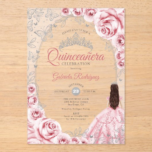 Pink Silver Quinceanera Floral アクリル招待状 (正面)