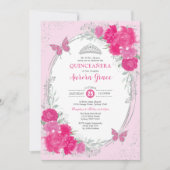 Pink Silver Quinceañera Flower 15th Birthday Photo 招待状 (正面)