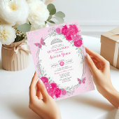 Pink Silver Quinceañera Flower 15th Birthday Photo 招待状