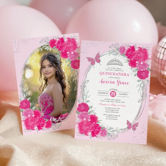 Pink Silver Quinceañera Flower 15th Birthday Photo 招待状
