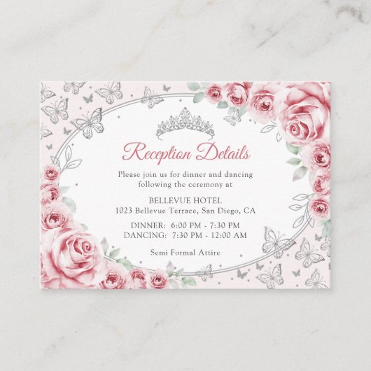 Pink Silver Quinceanera Reception Details エンクロージャーカード (正面)