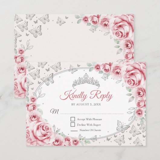 Pink Silver Quinceanera Reply 出欠カード (正面/裏面)