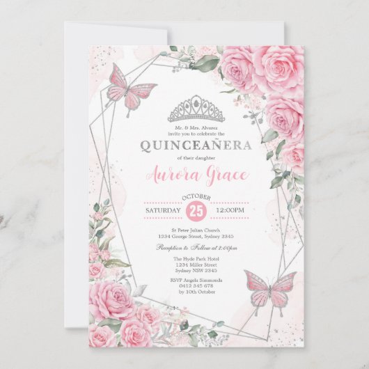 Pink Silver Roses Butterfly Quinceañera Birthday 招待状 (正面)