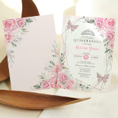 Pink Silver Roses Butterfly Quinceañera Birthday 招待状