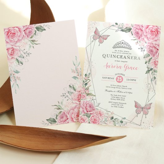 Pink Silver Roses Butterfly Quinceañera Birthday 招待状