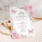 Pink Silver Roses Butterfly Quinceañera Birthday 招待状