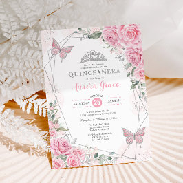 Pink Silver Roses Butterfly Quinceañera Birthday 招待状