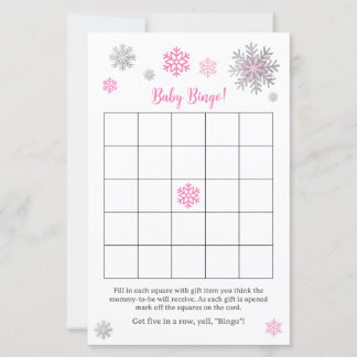 Pink Silver Snowflake Baby Shower Bingo Game 