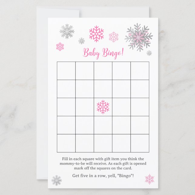 Pink Silver Snowflake Baby Shower Bingo Game  (正面)