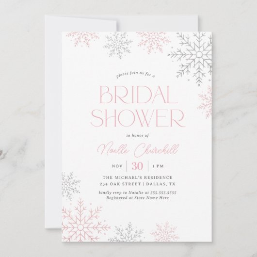 Pink Silver Snowflake Winter Bridal Shower 招待状 (正面)