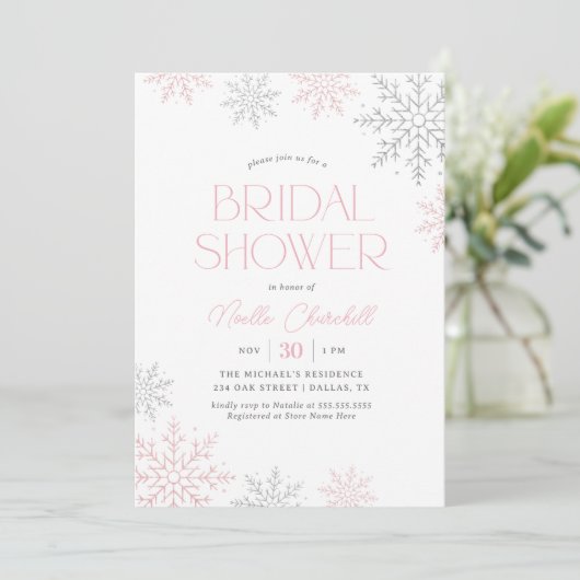 Pink Silver Snowflake Winter Bridal Shower 招待状 (スタンド正面)